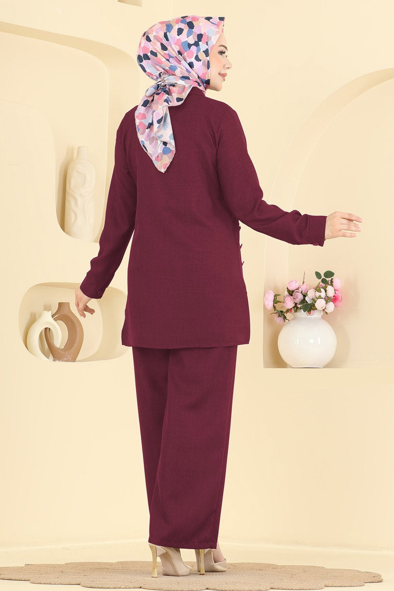 Linen Two-Piece Button Set - Burgundy
