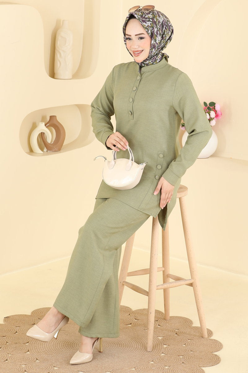 Linen Two-Piece Button Set - Almond Green