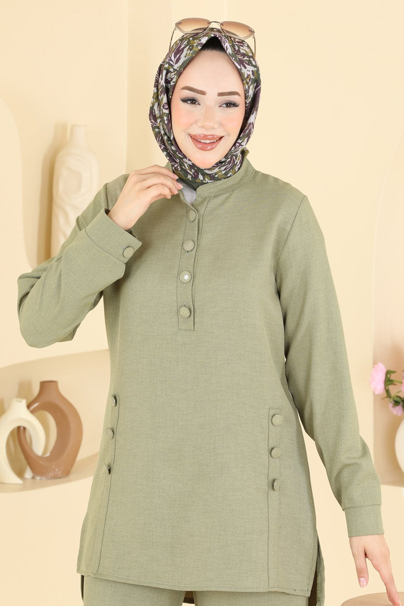 Linen Two-Piece Button Set - Almond Green