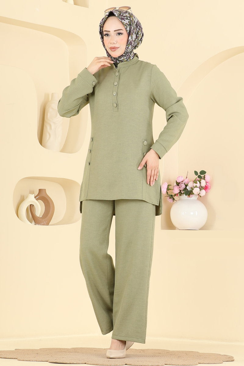 Linen Two-Piece Button Set - Almond Green