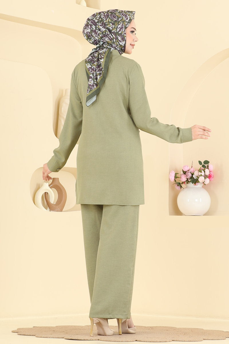 Linen Two-Piece Button Set - Almond Green