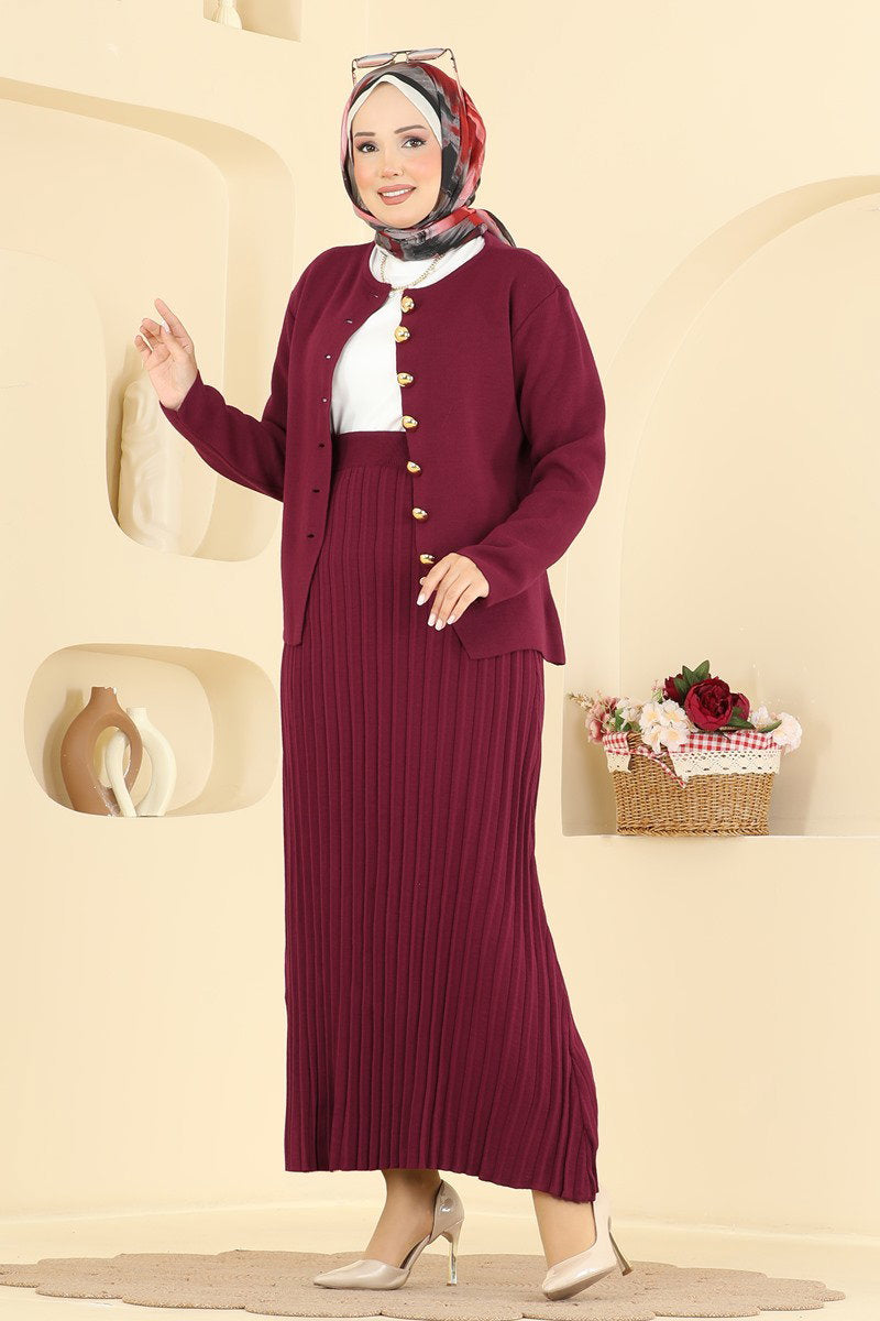 Knit Two-Piece Button Set - Burgundy