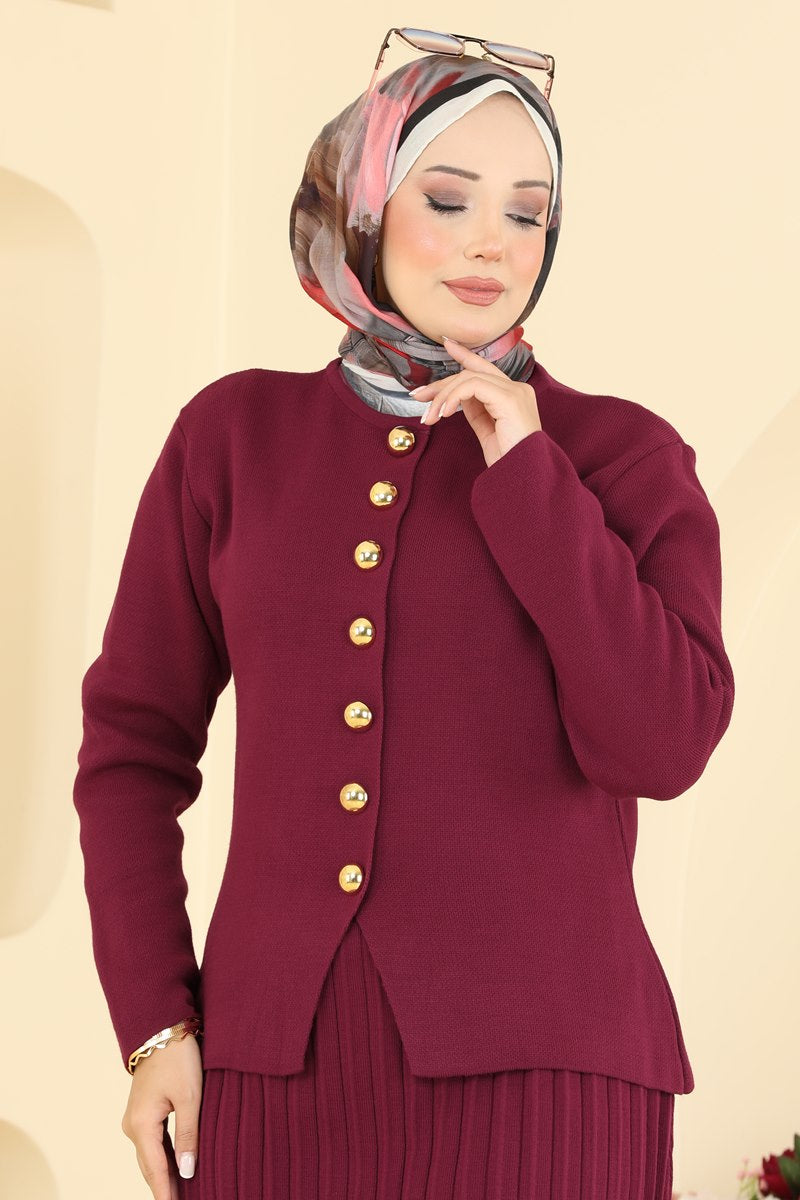 Knit Two-Piece Button Set - Burgundy