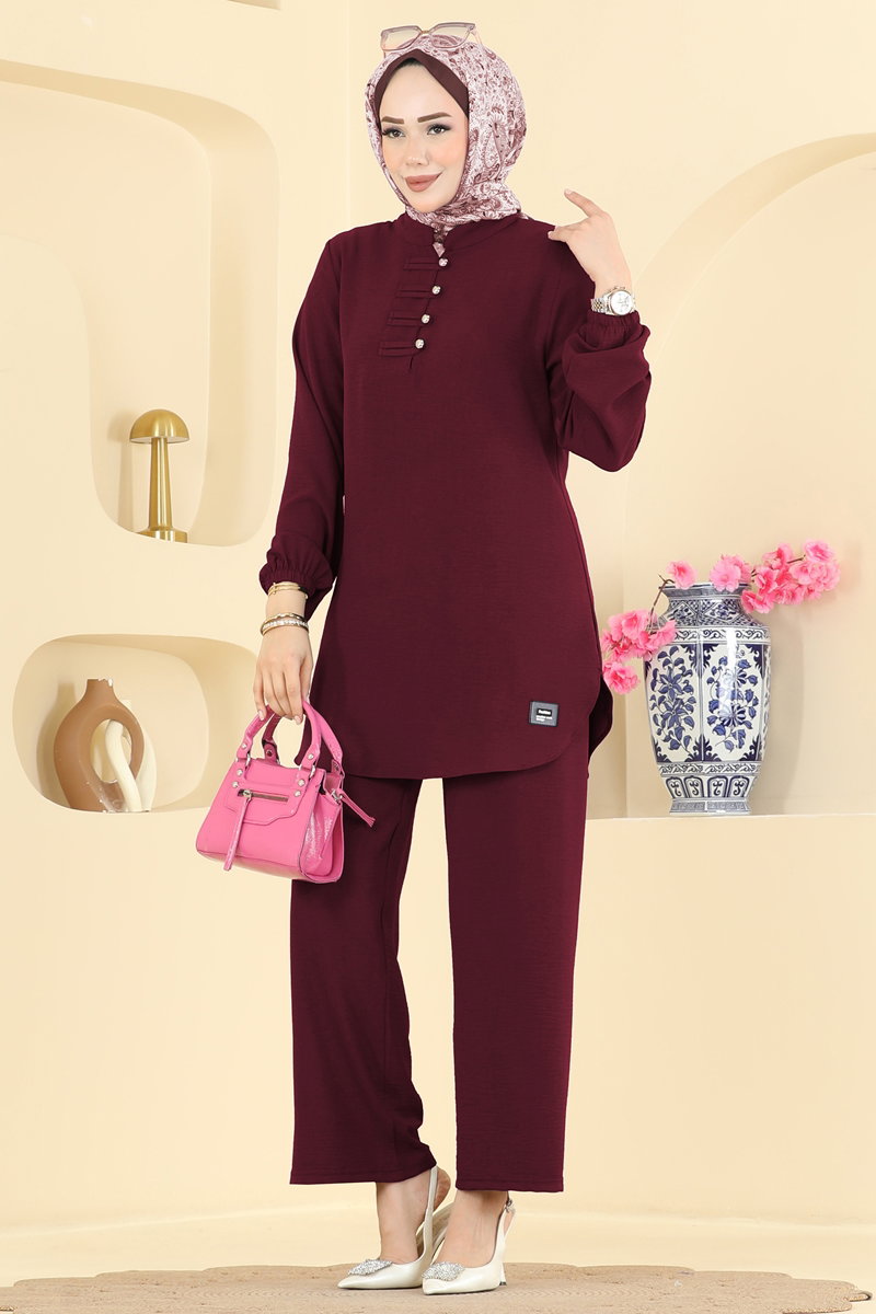 Button-Detail Aerobin Two-Piece Set - Burgundy