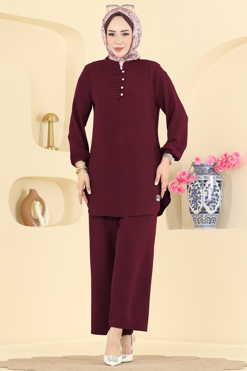 Button-Detail Aerobin Two-Piece Set - Burgundy