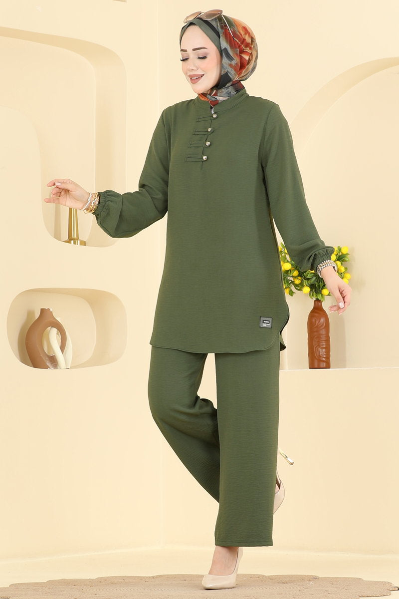 Button-Detail Aerobin Two-Piece Set - Dark Khaki