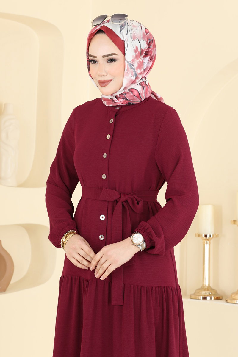 Aerobin Dress with Button Detail - Burgundy