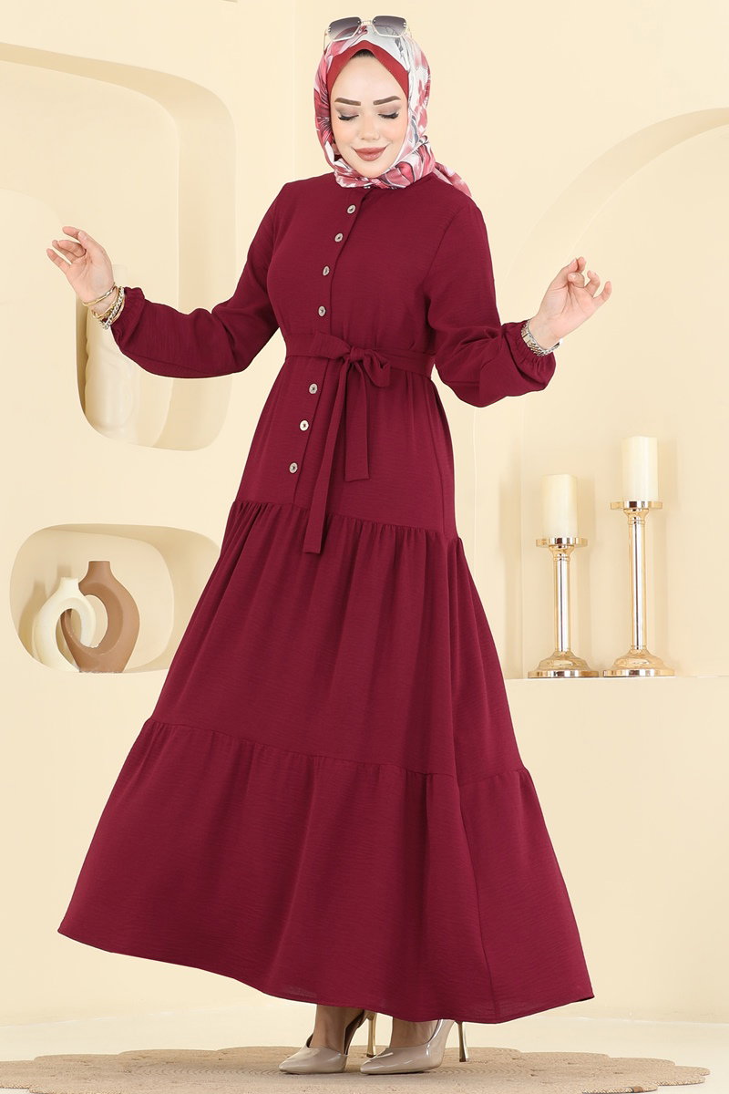 Aerobin Dress with Button Detail - Burgundy