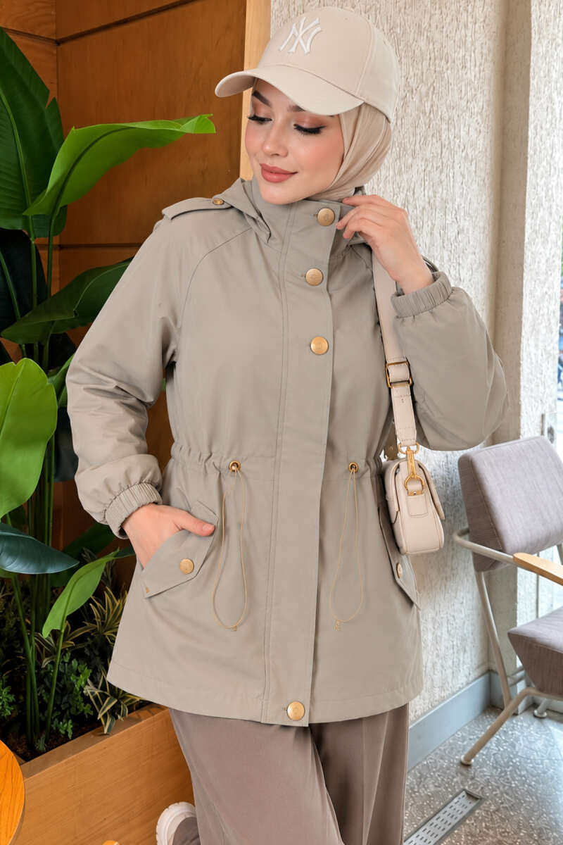 Trench Coat with Button Detail and Drawstring Waist - Almond Green