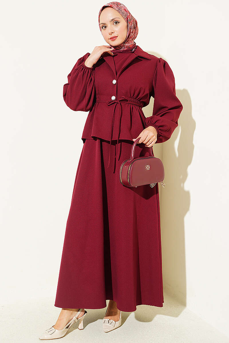 Jacket Set with Button Detail - Burgundy