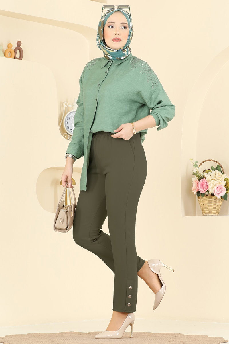 Button-Detail Double Knit Trousers - Khaki