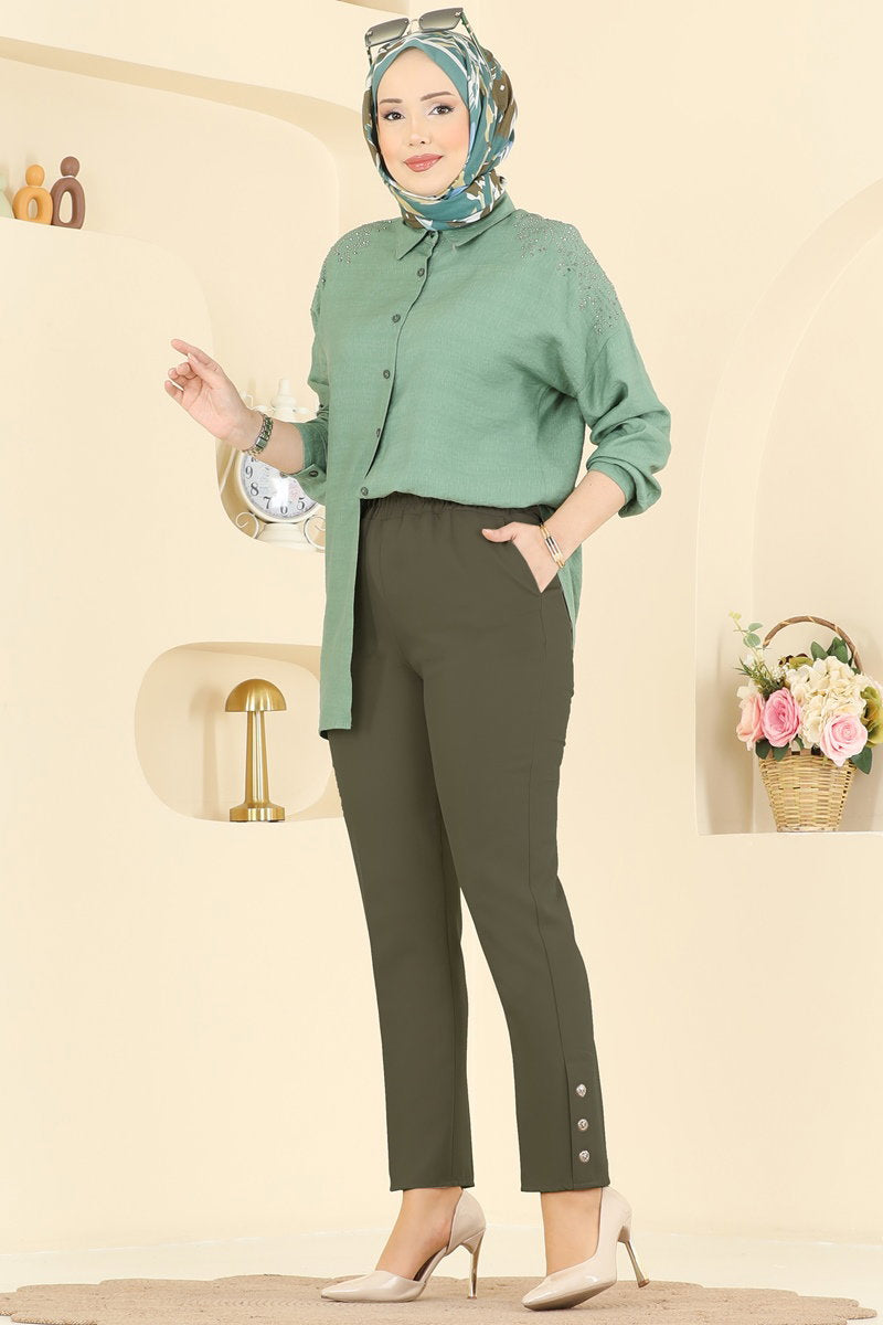 Button-Detail Double Knit Trousers - Khaki