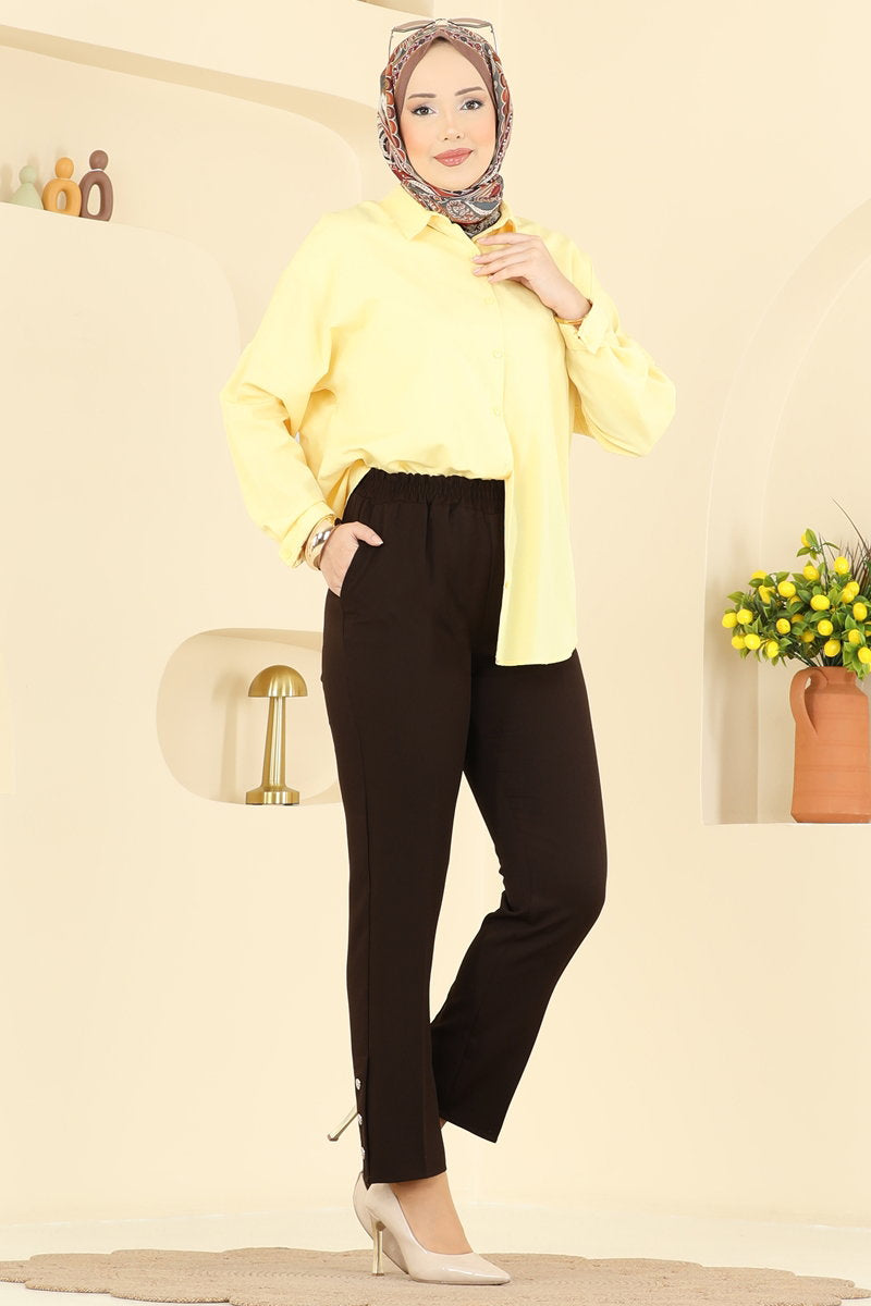 Button-Detail Double Knit Trousers - Brown