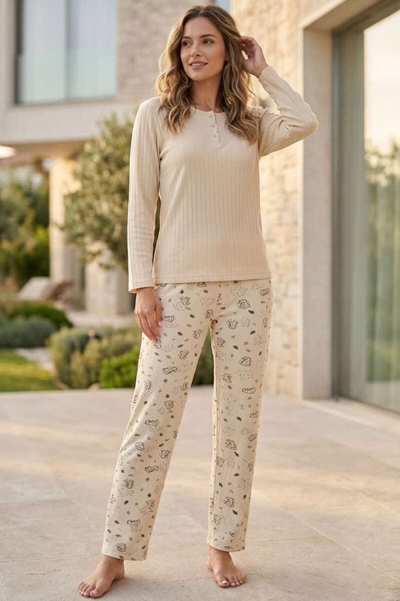 Printed Pyjama Set with Button Detail - Beige