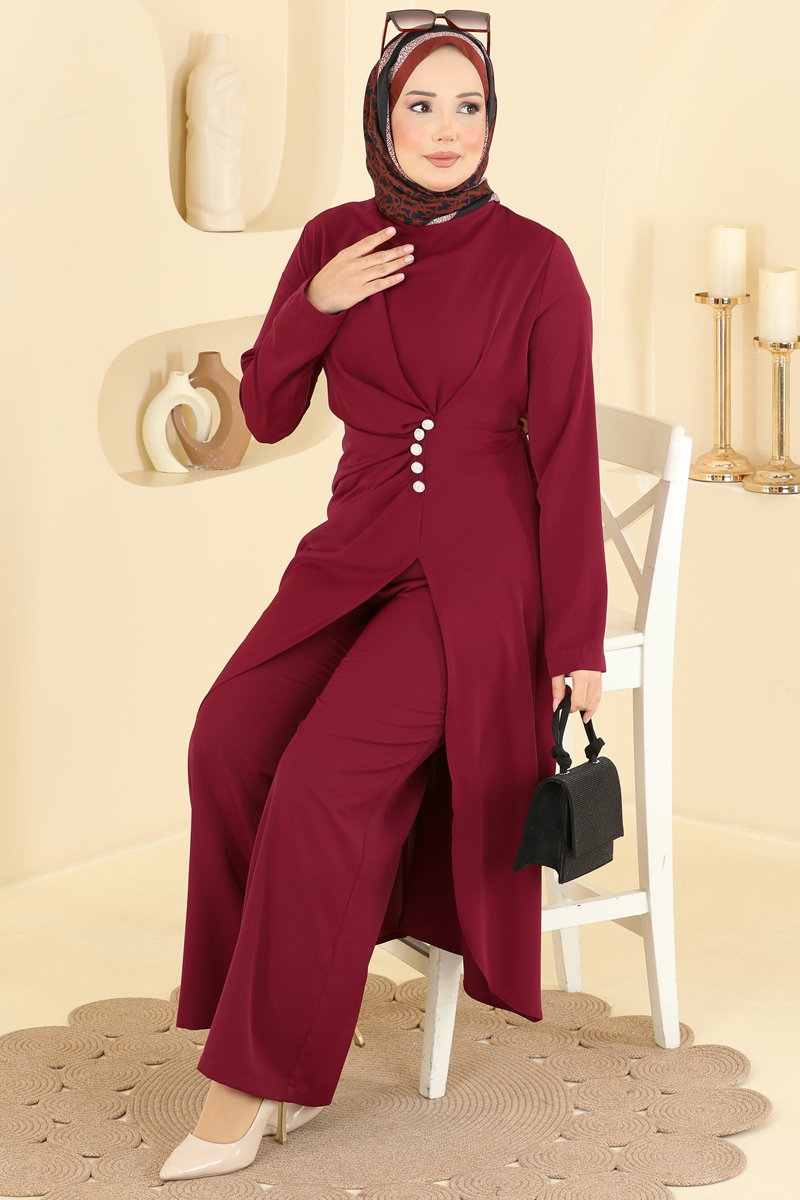 Draped Tunic and Trouser Set with Buttons - Burgundy