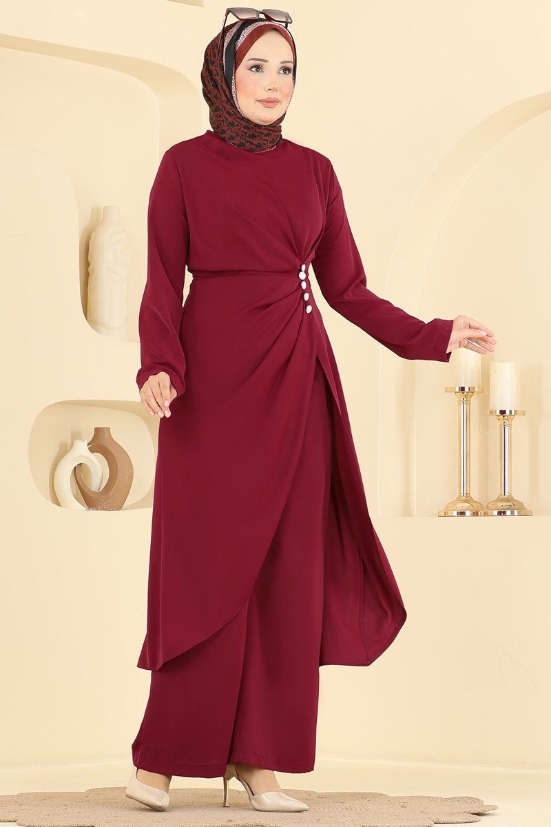 Draped Tunic and Trouser Set with Buttons - Burgundy