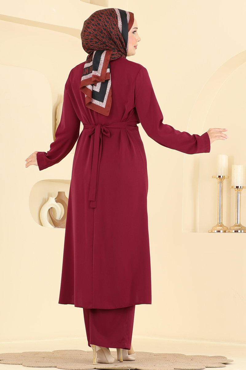 Draped Tunic and Trouser Set with Buttons - Burgundy