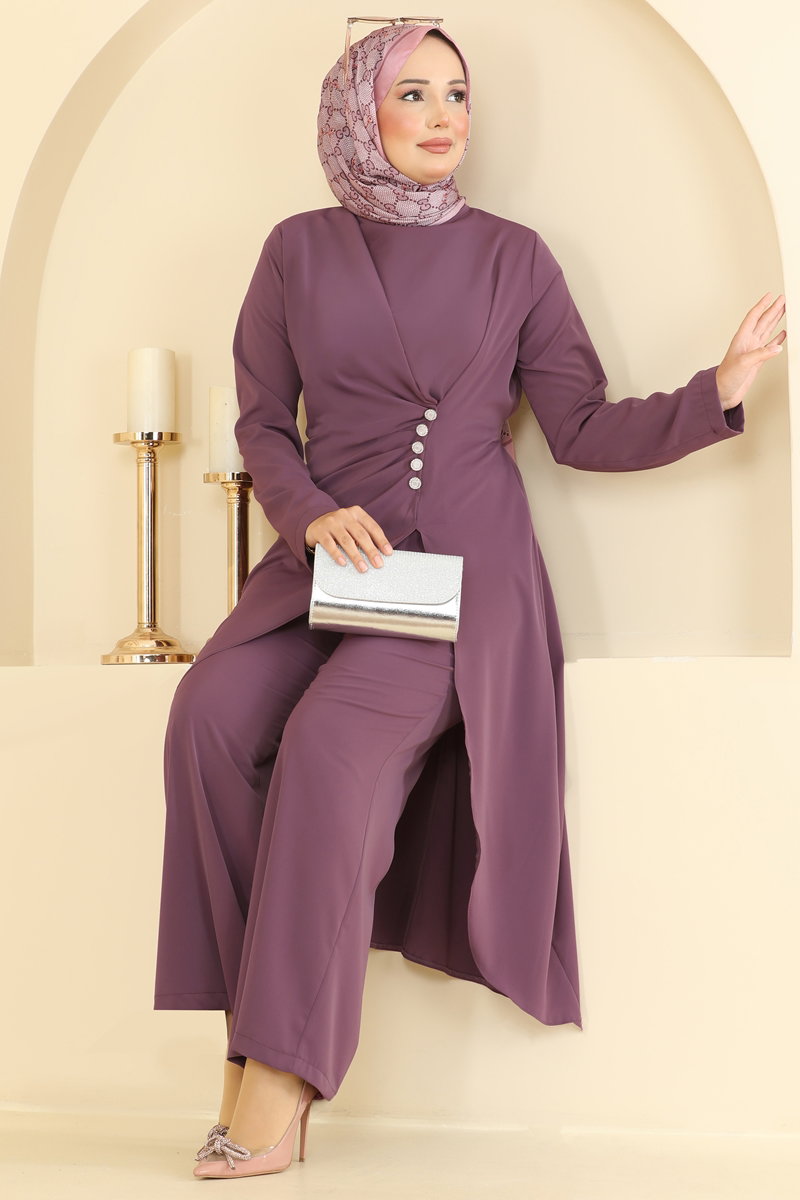 Draped Tunic and Trouser Set with Buttons - Dark Lilac
