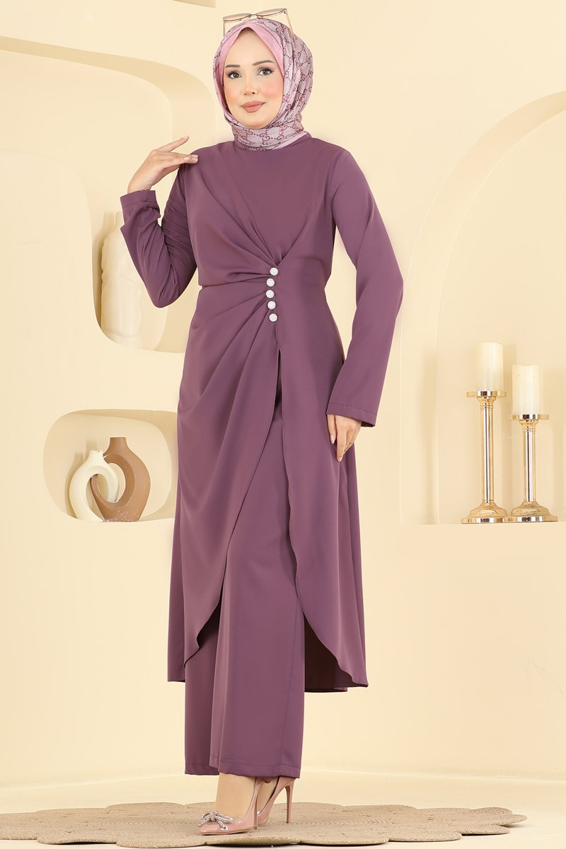 Draped Tunic and Trouser Set with Buttons - Dark Lilac