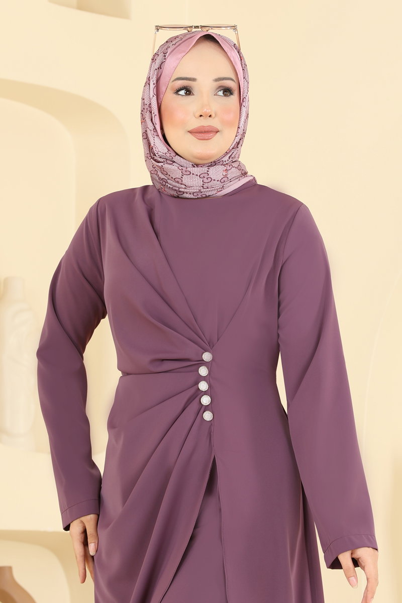 Draped Tunic and Trouser Set with Buttons - Dark Lilac