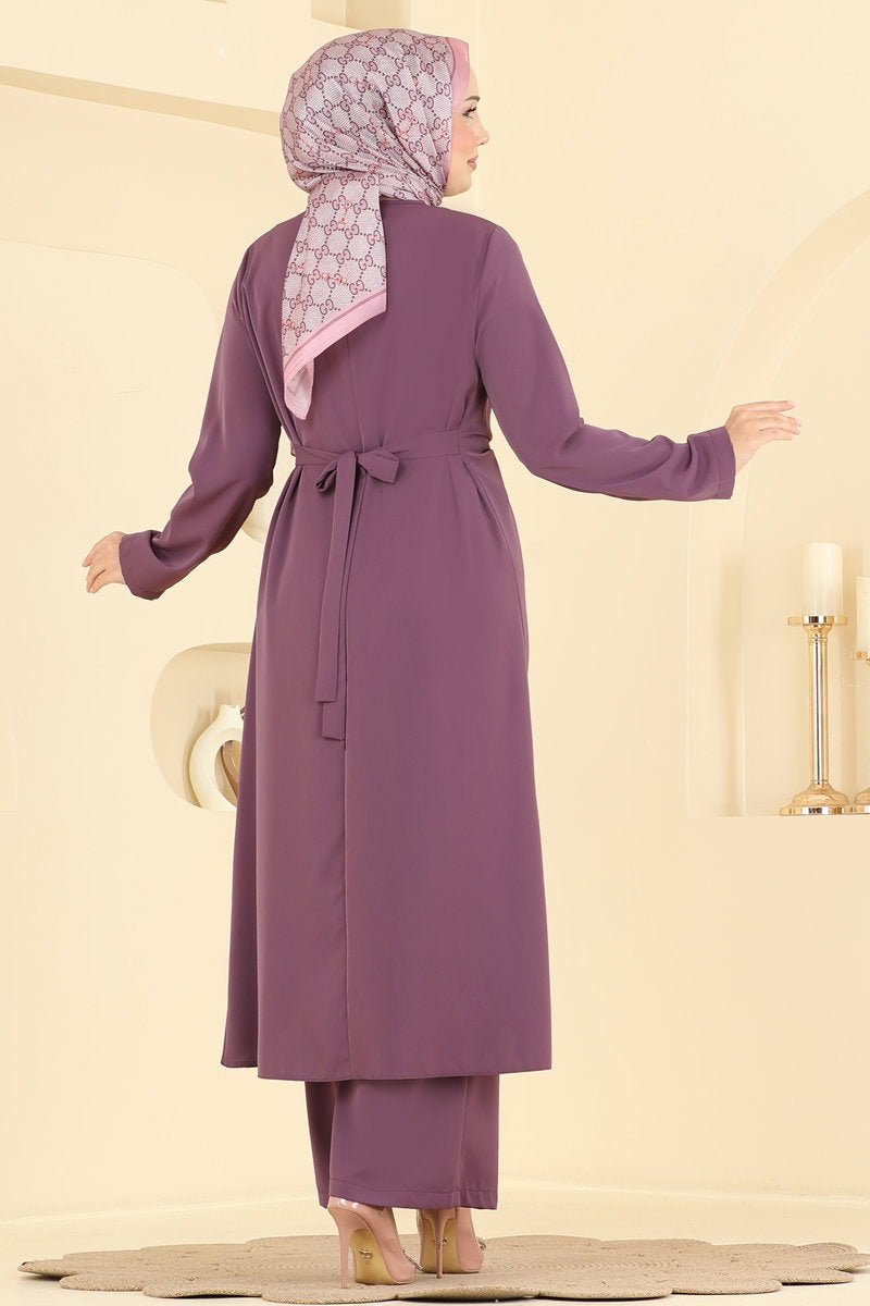 Draped Tunic and Trouser Set with Buttons - Dark Lilac