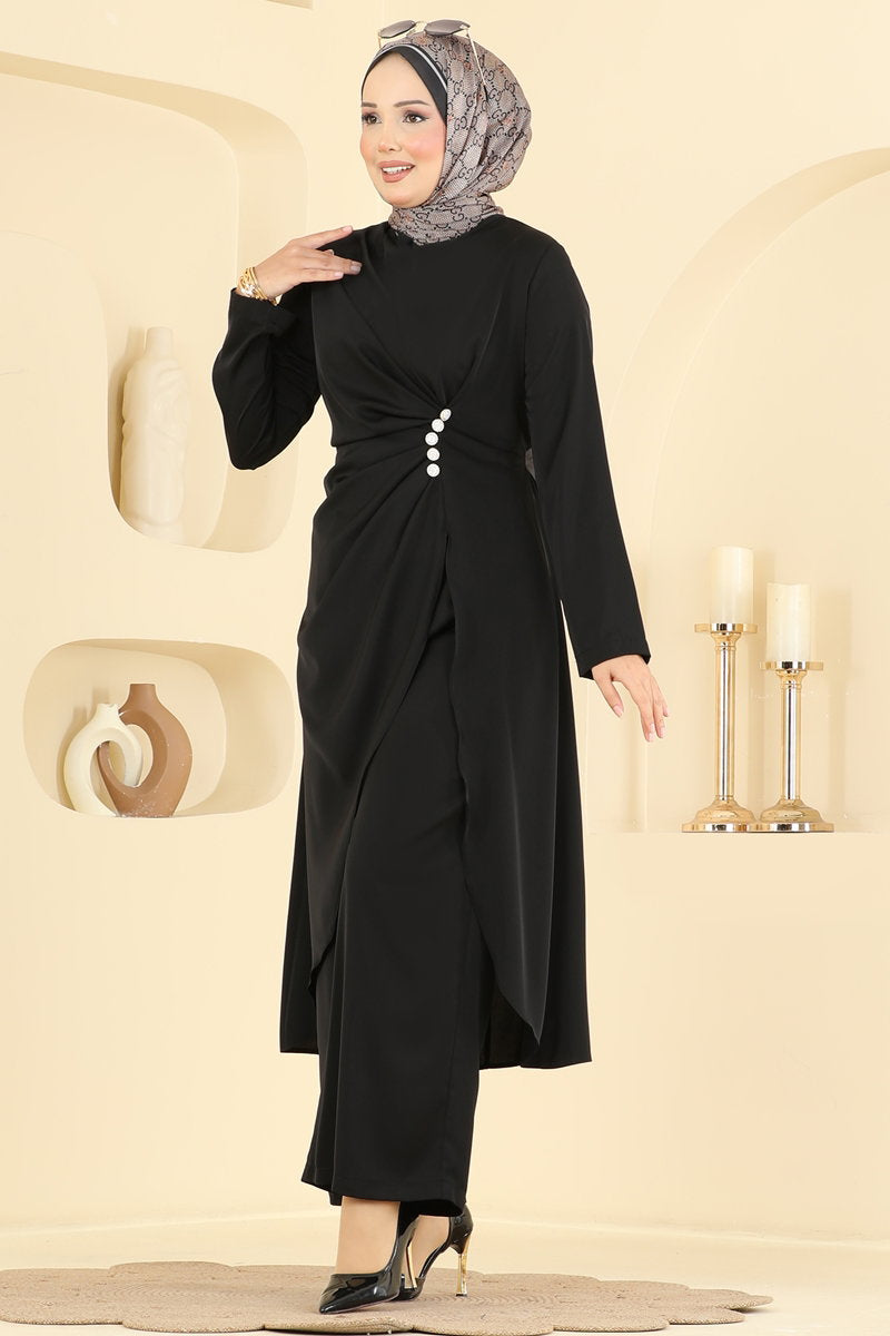 Draped Tunic and Trouser Set with Buttons - Black