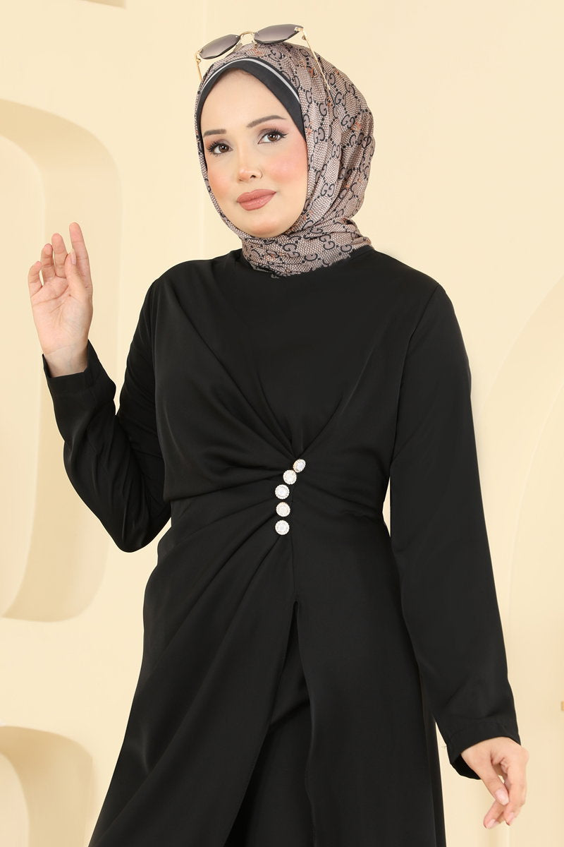 Draped Tunic and Trouser Set with Buttons - Black
