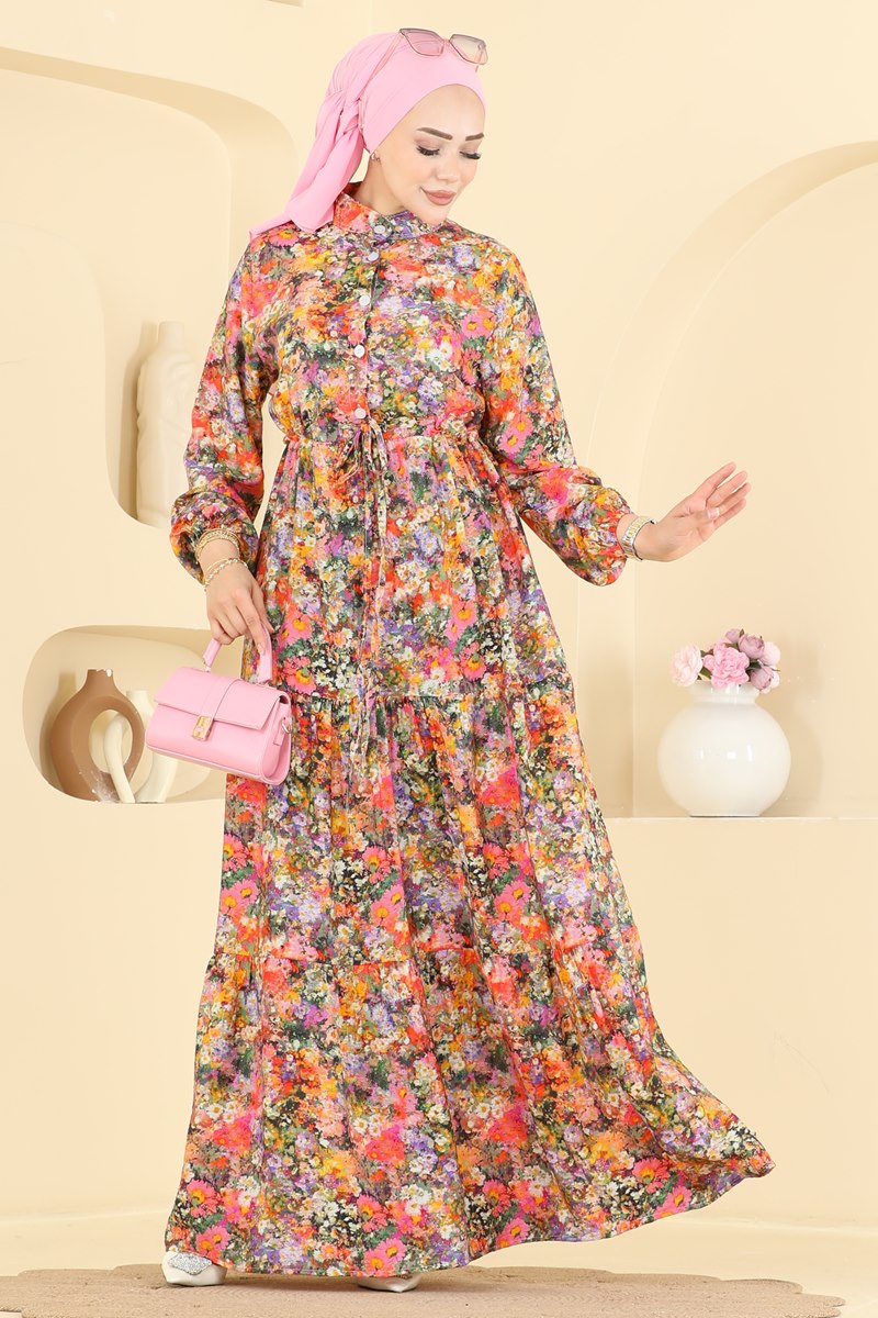 Viscose Button Dress - Orange