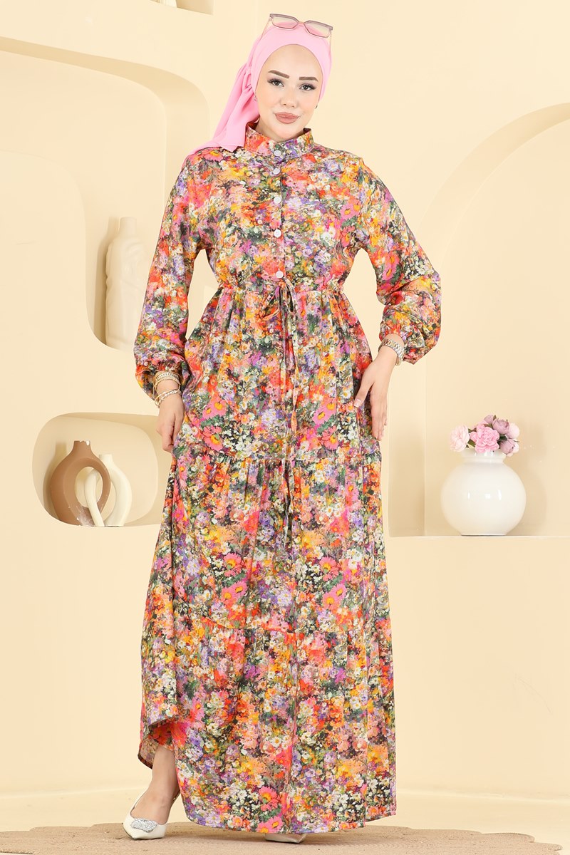 Viscose Button Dress - Orange