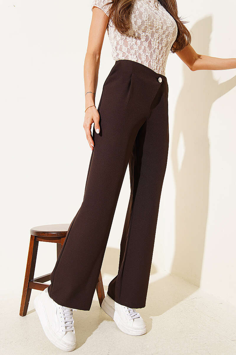 Zip Trousers with Button Detail - Brown