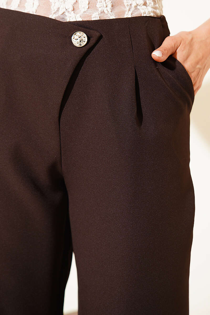 Zip Trousers with Button Detail - Brown