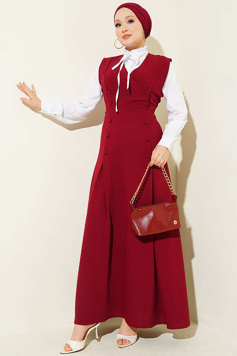 Pinafore Set with Shirt and Button Detail - Burgundy
