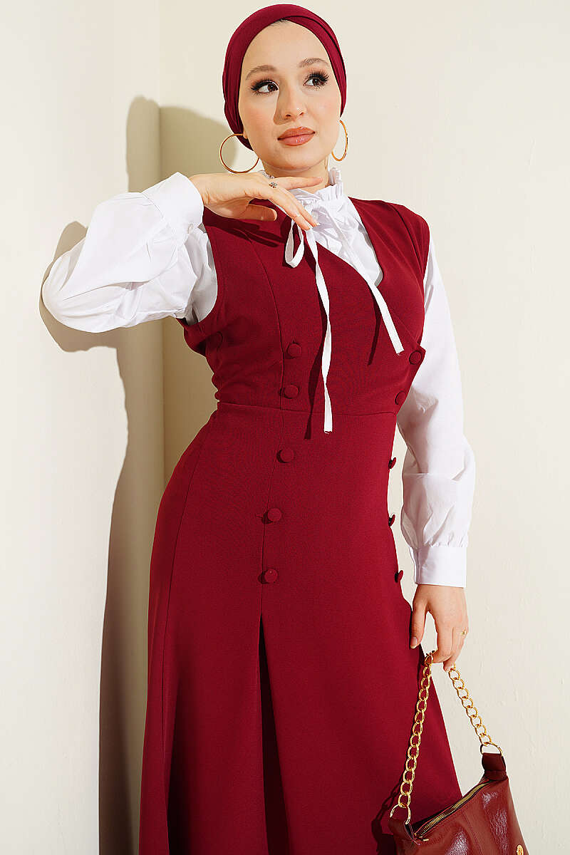 Pinafore Set with Shirt and Button Detail - Burgundy