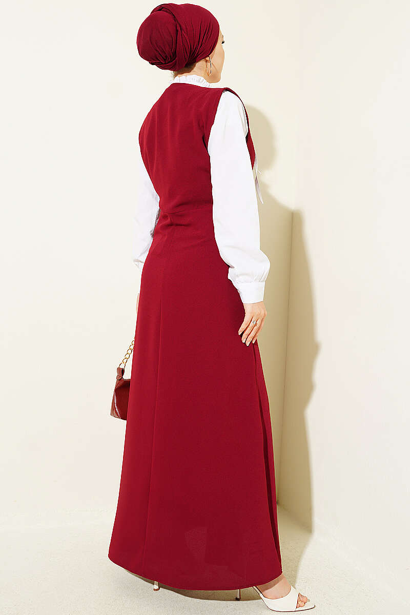 Pinafore Set with Shirt and Button Detail - Burgundy