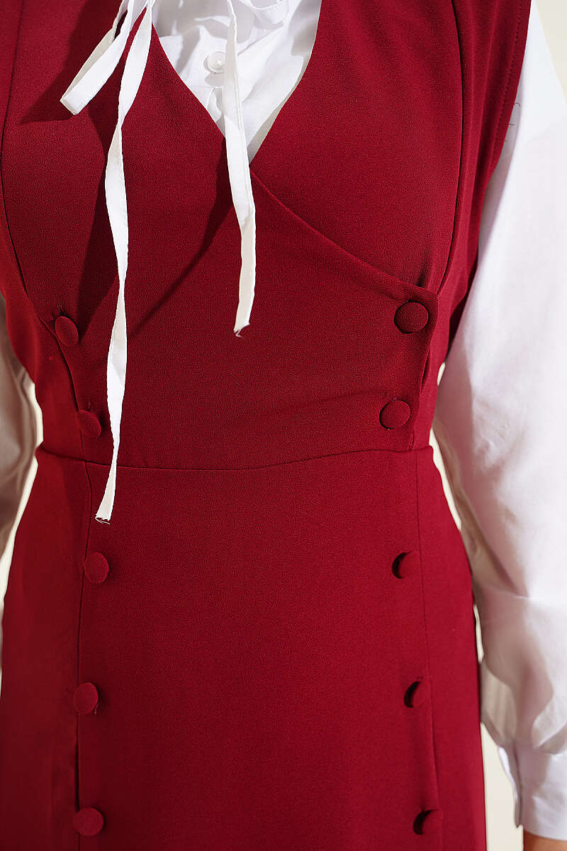 Pinafore Set with Shirt and Button Detail - Burgundy
