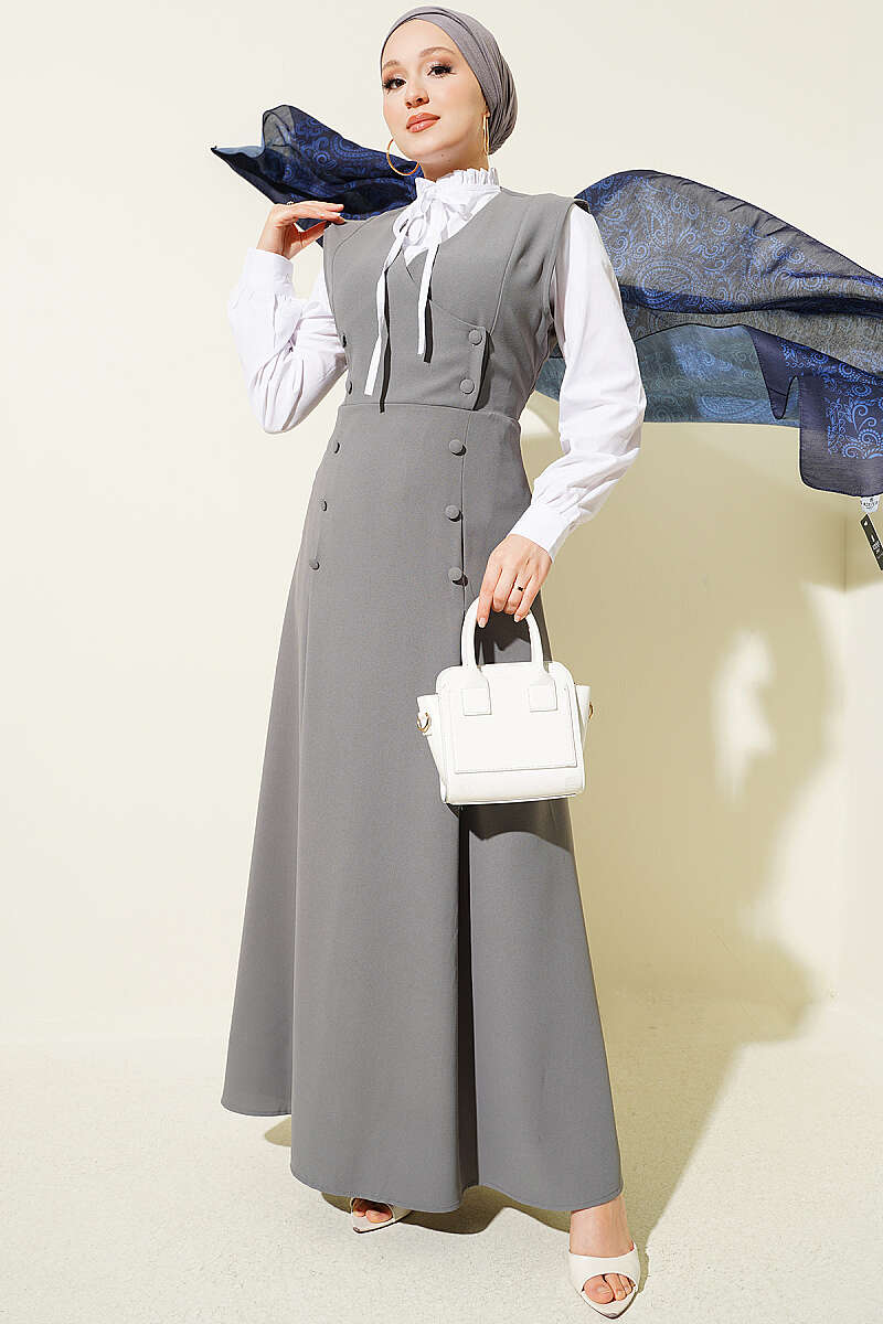 Pinafore Set with Shirt and Button Detail - Grey