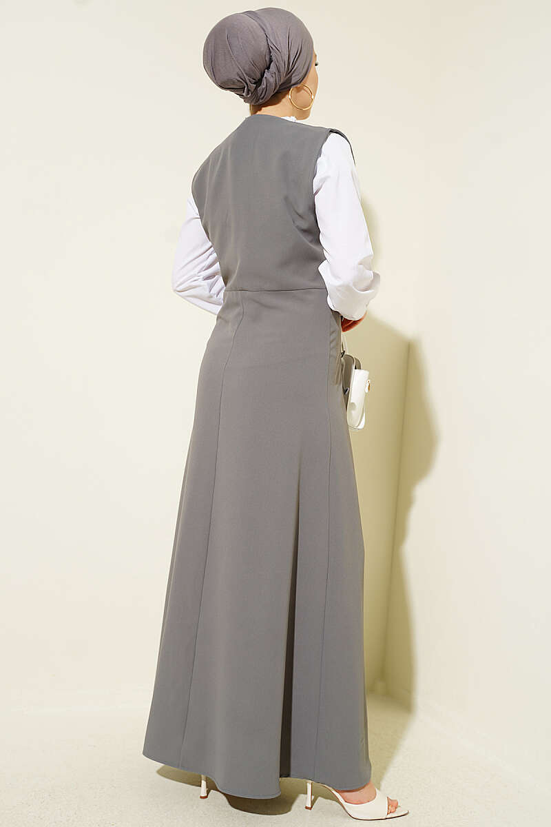 Pinafore Set with Shirt and Button Detail - Grey