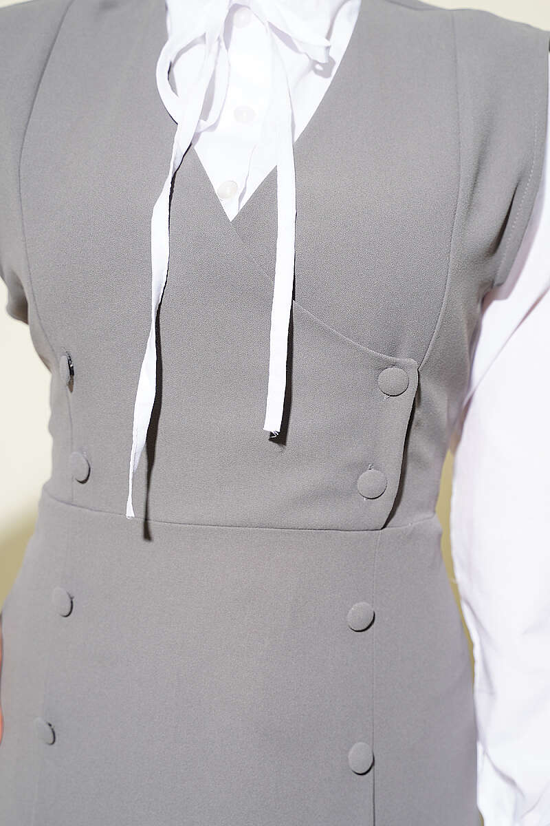 Pinafore Set with Shirt and Button Detail - Grey