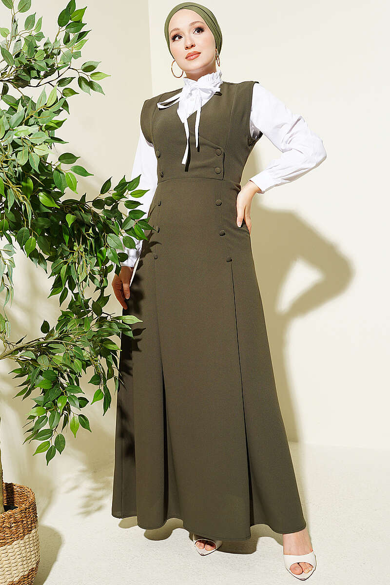 Pinafore Set with Shirt and Button Detail - Khaki