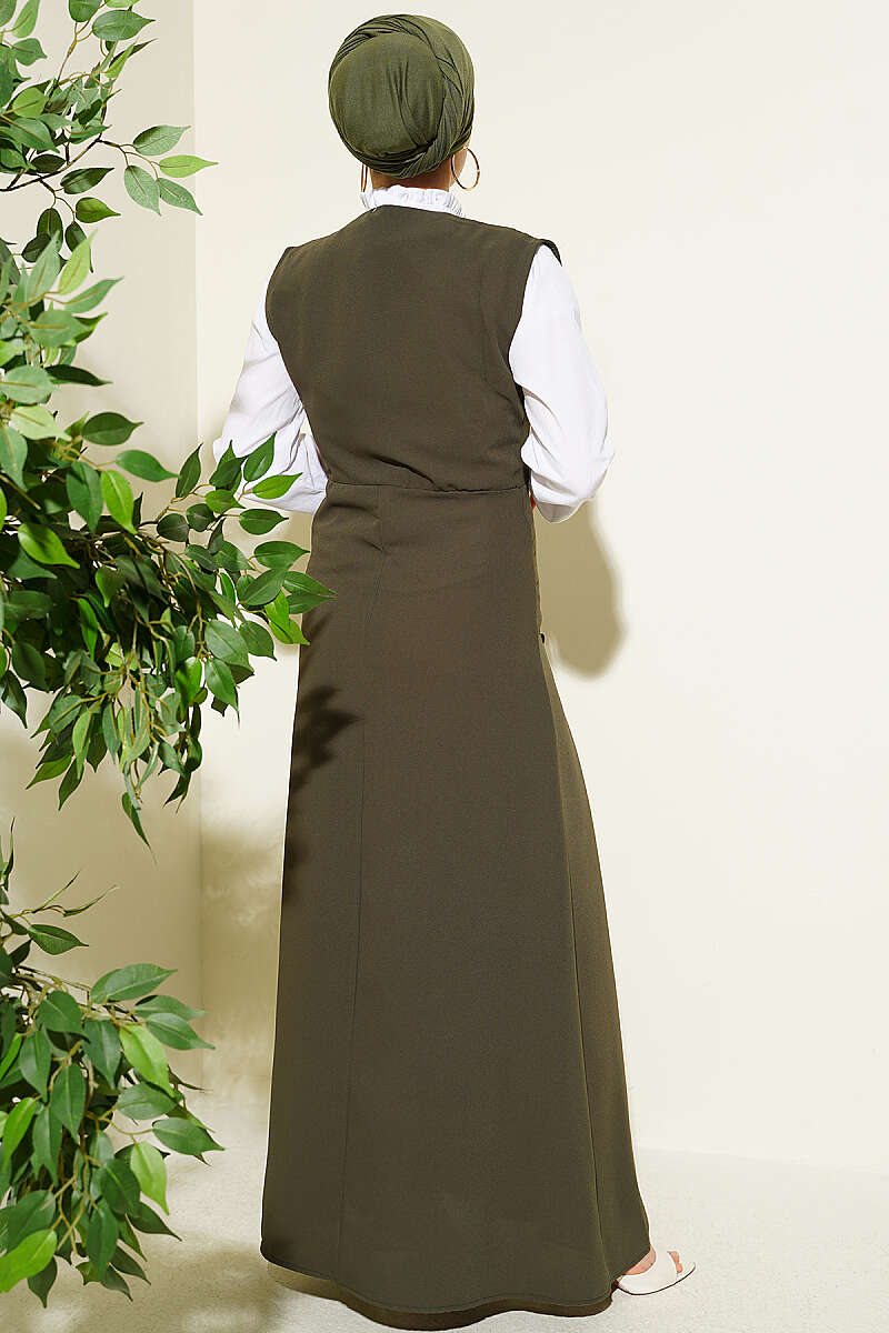 Pinafore Set with Shirt and Button Detail - Khaki