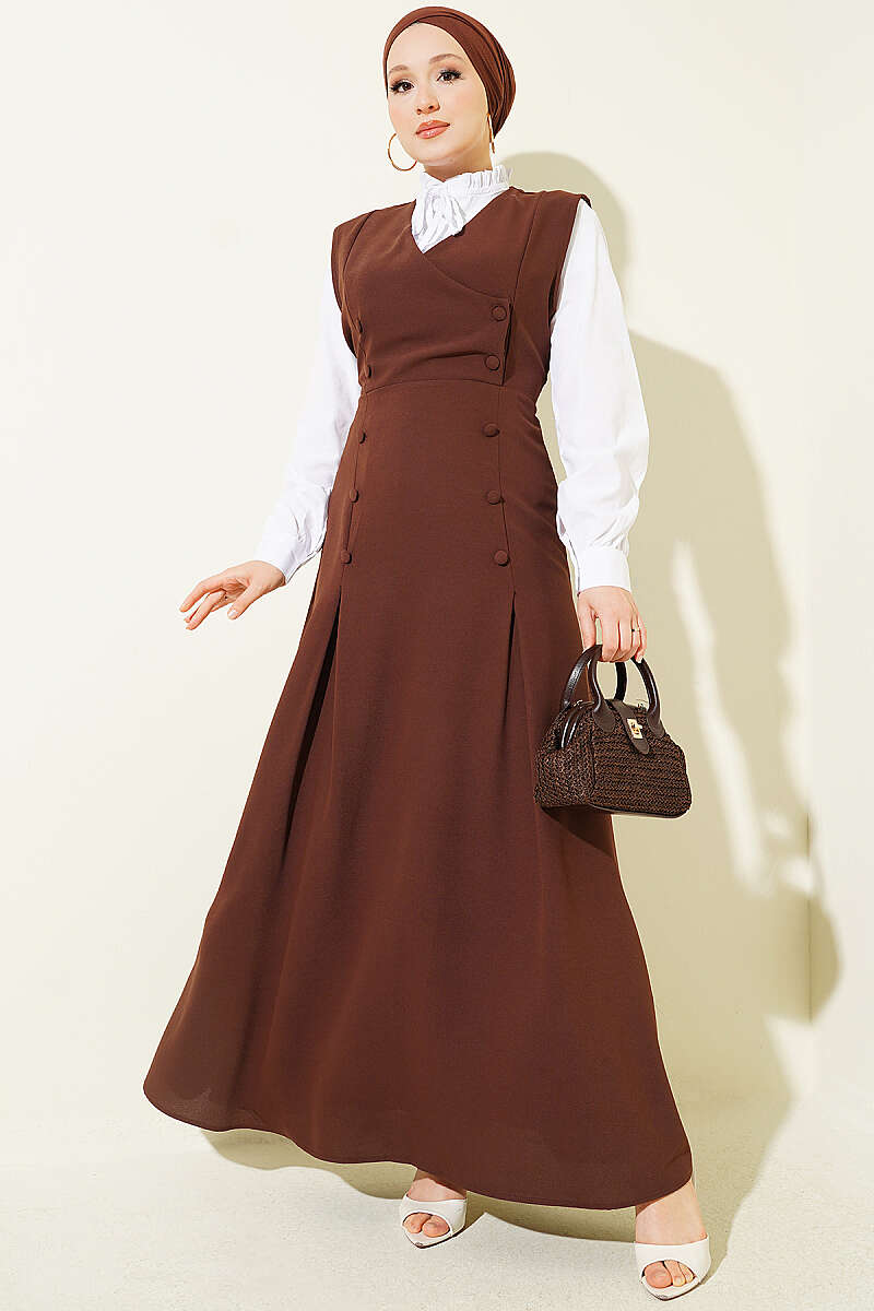 Pinafore Set with Shirt and Button Detail - Brown