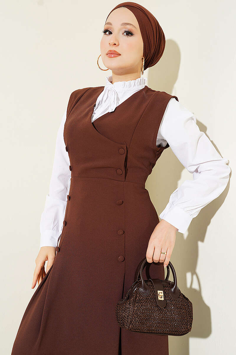 Pinafore Set with Shirt and Button Detail - Brown