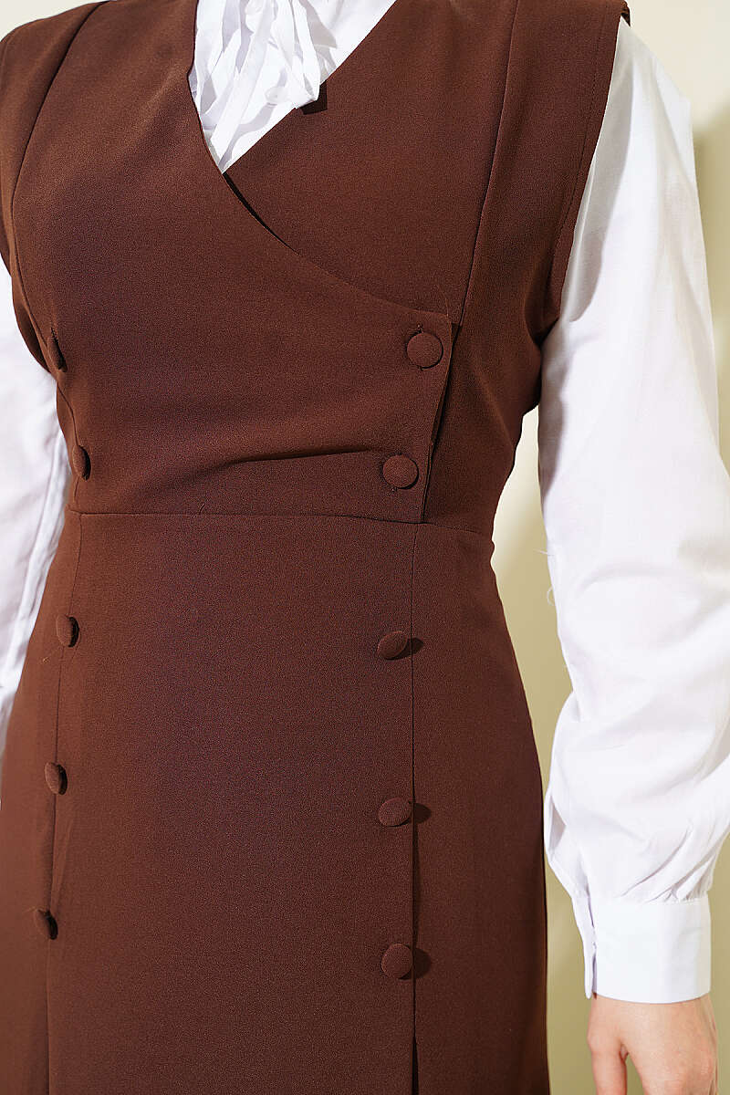 Pinafore Set with Shirt and Button Detail - Brown