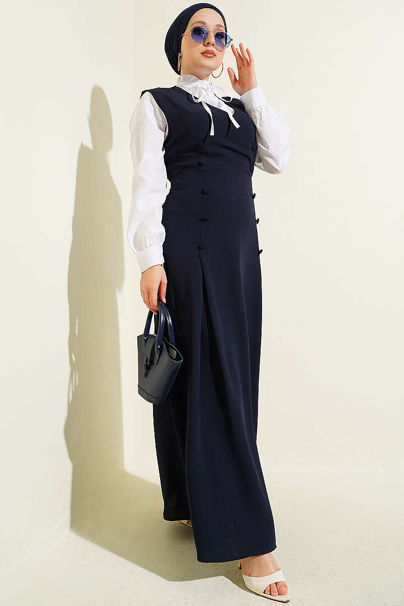 Pinafore Set with Shirt and Button Detail - Navy