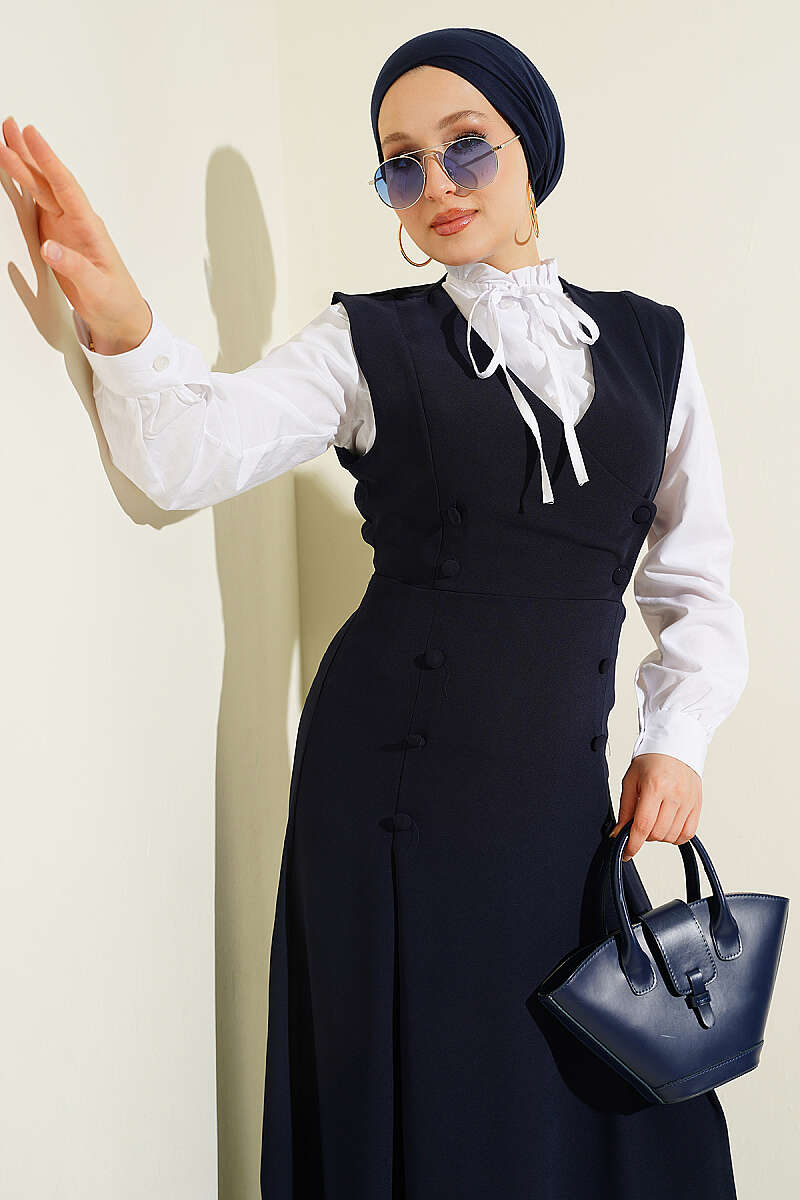 Pinafore Set with Shirt and Button Detail - Navy