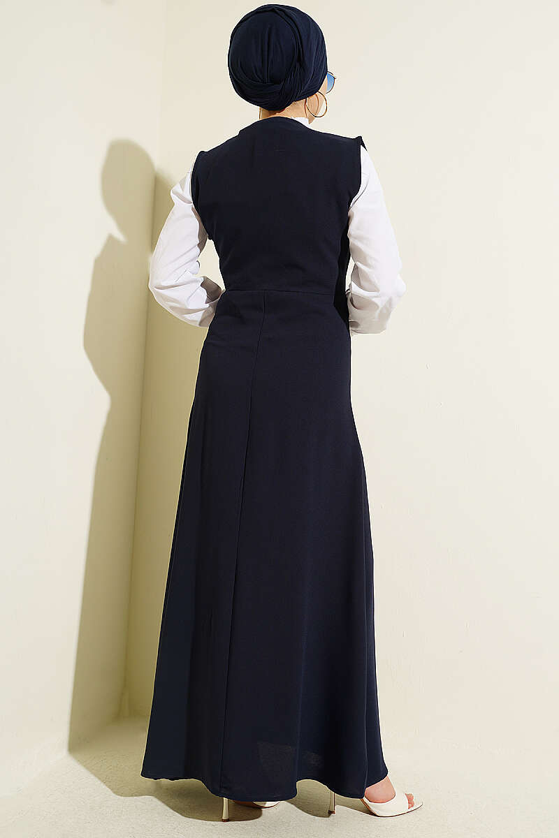 Pinafore Set with Shirt and Button Detail - Navy