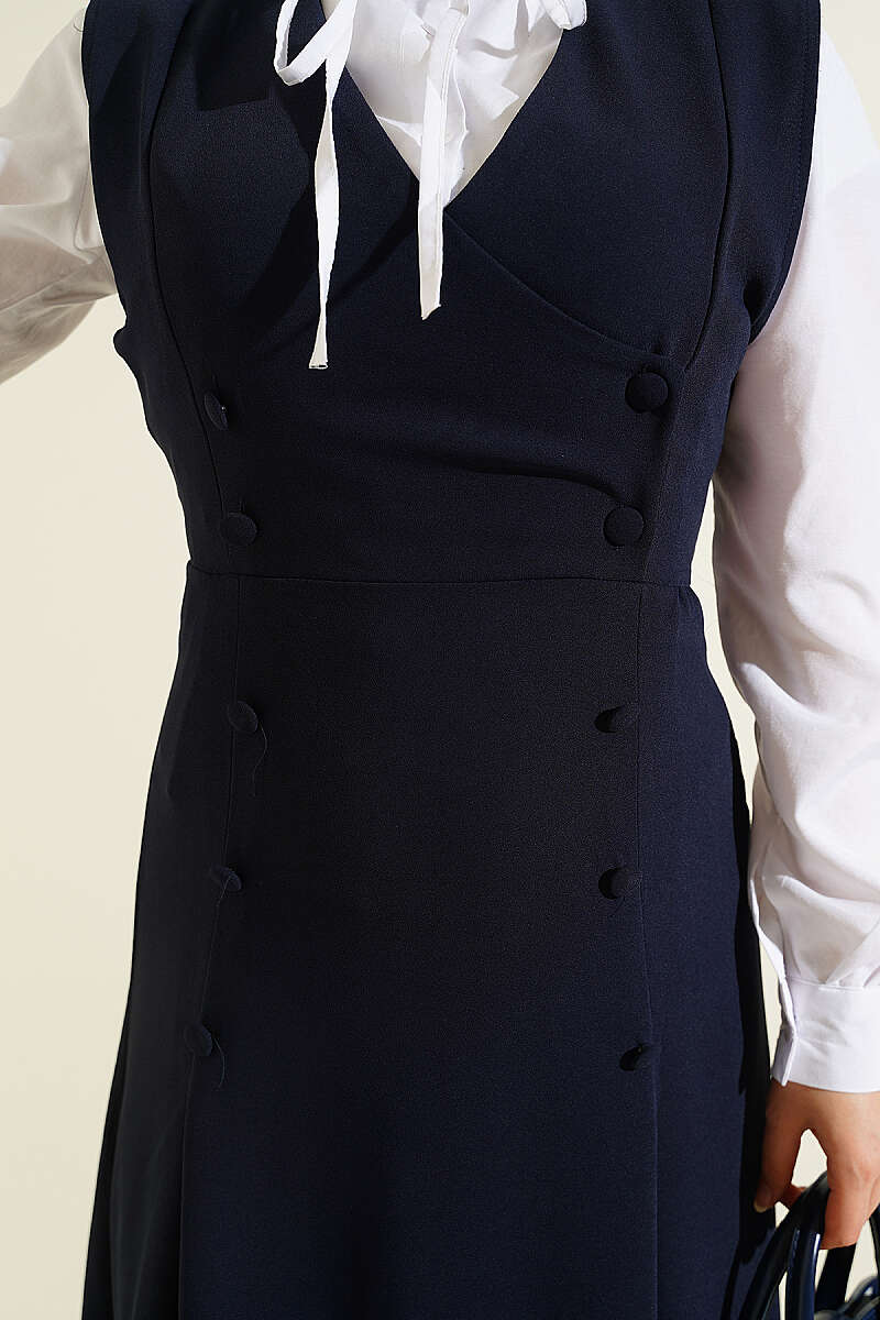 Pinafore Set with Shirt and Button Detail - Navy