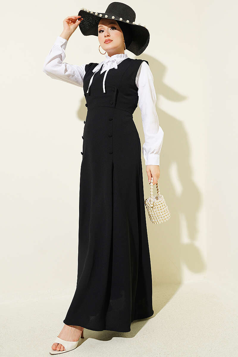 Pinafore Set with Shirt and Button Detail - Black