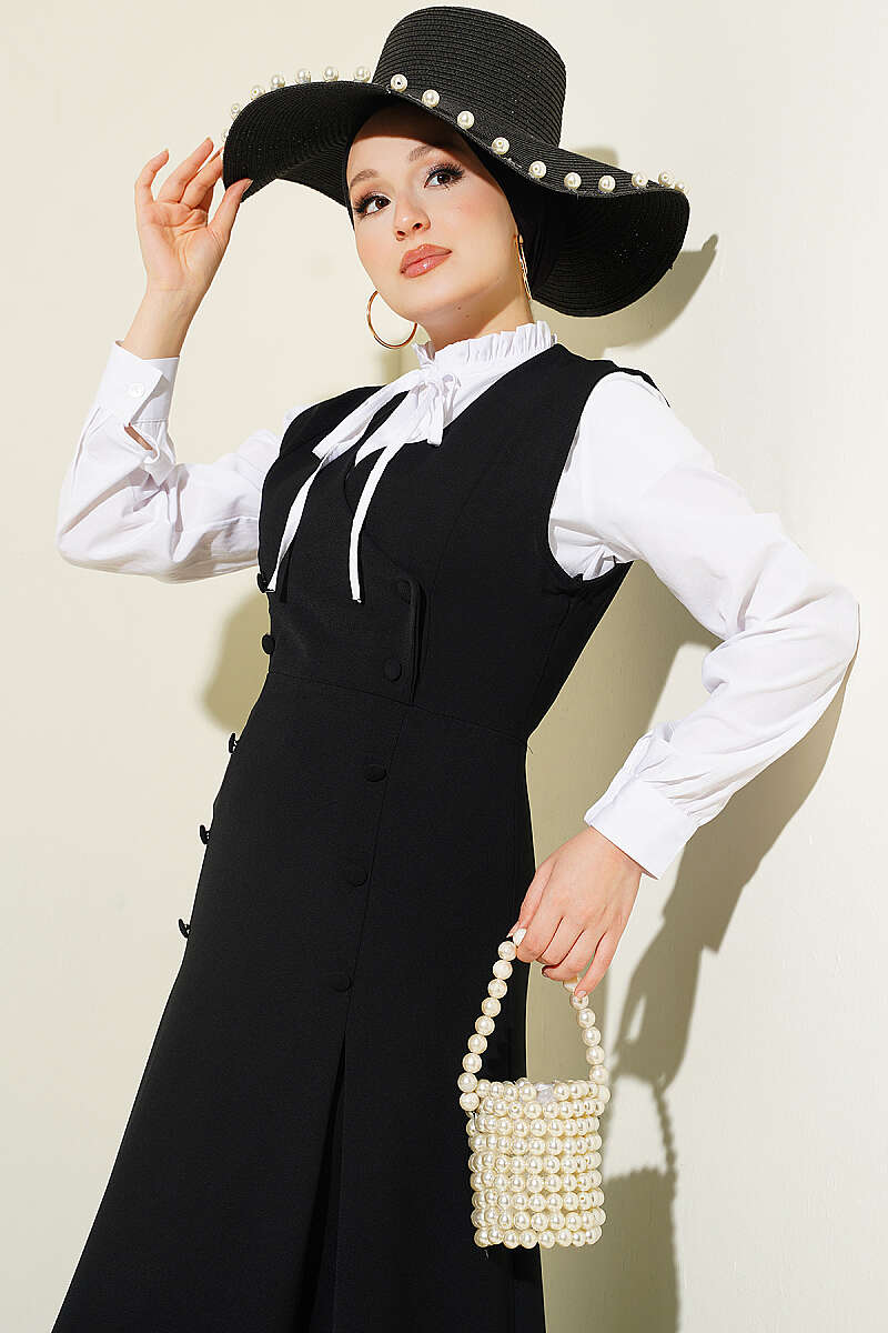 Pinafore Set with Shirt and Button Detail - Black