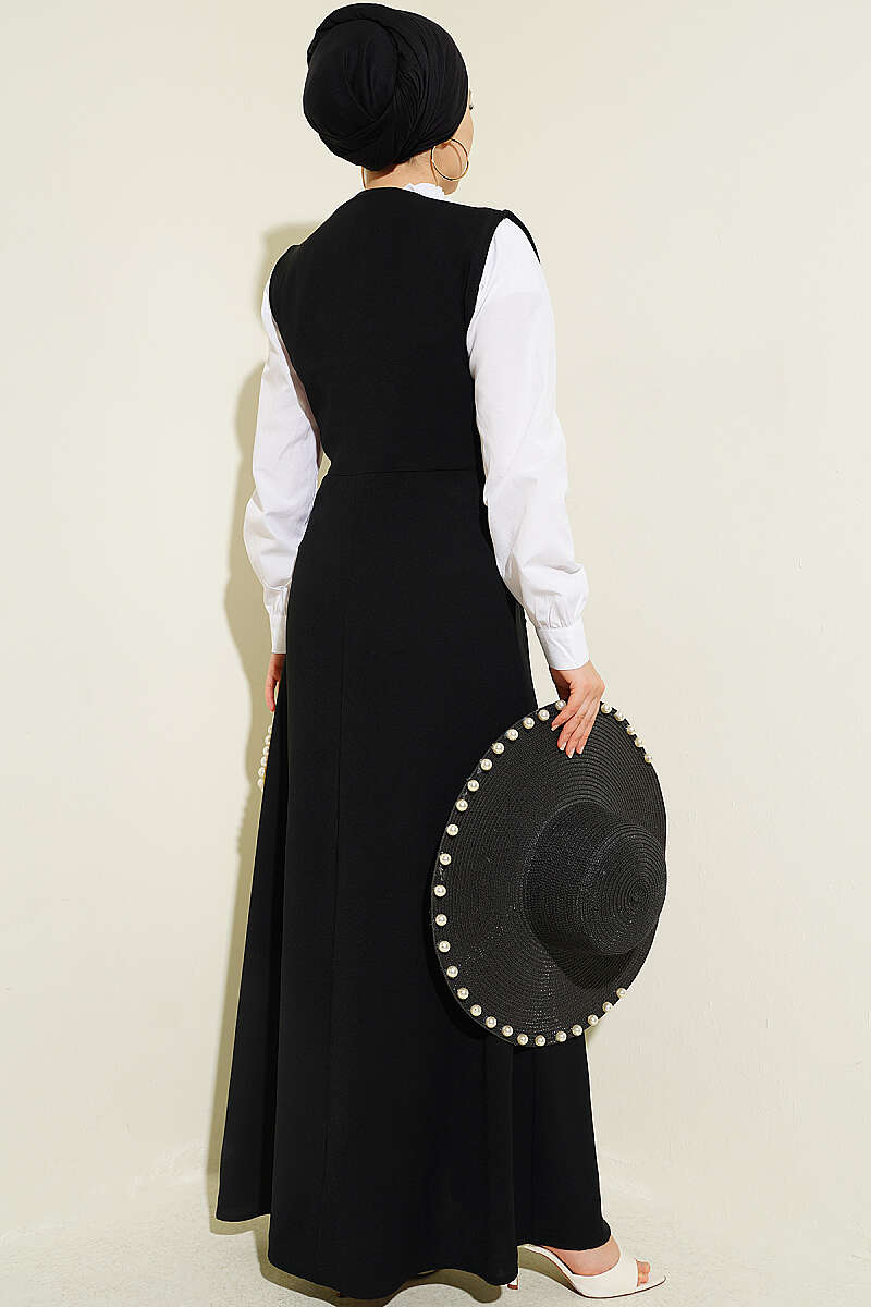 Pinafore Set with Shirt and Button Detail - Black